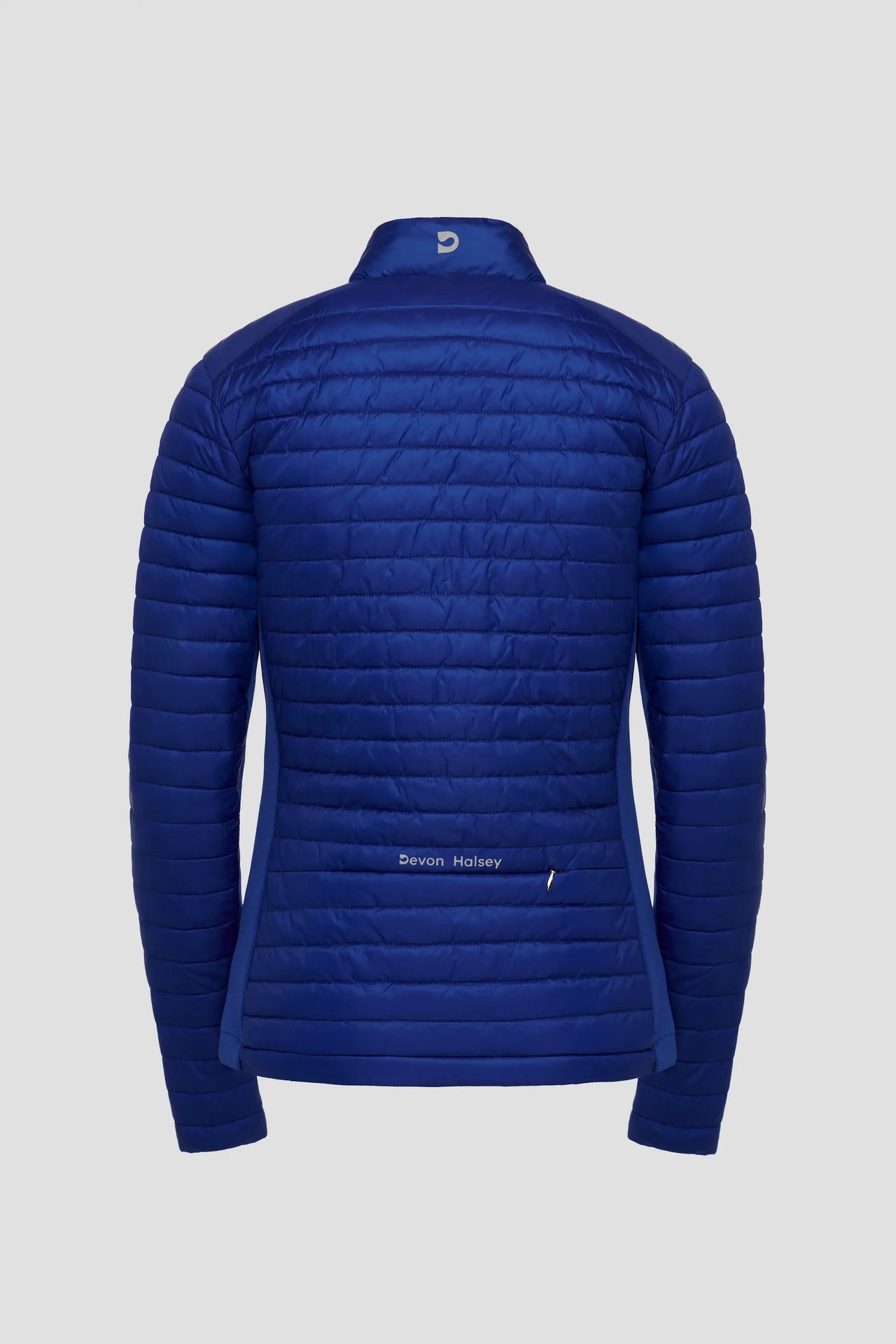 Blue puffer jacket on a light gray background