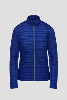 Blue puffer jacket on a light gray background