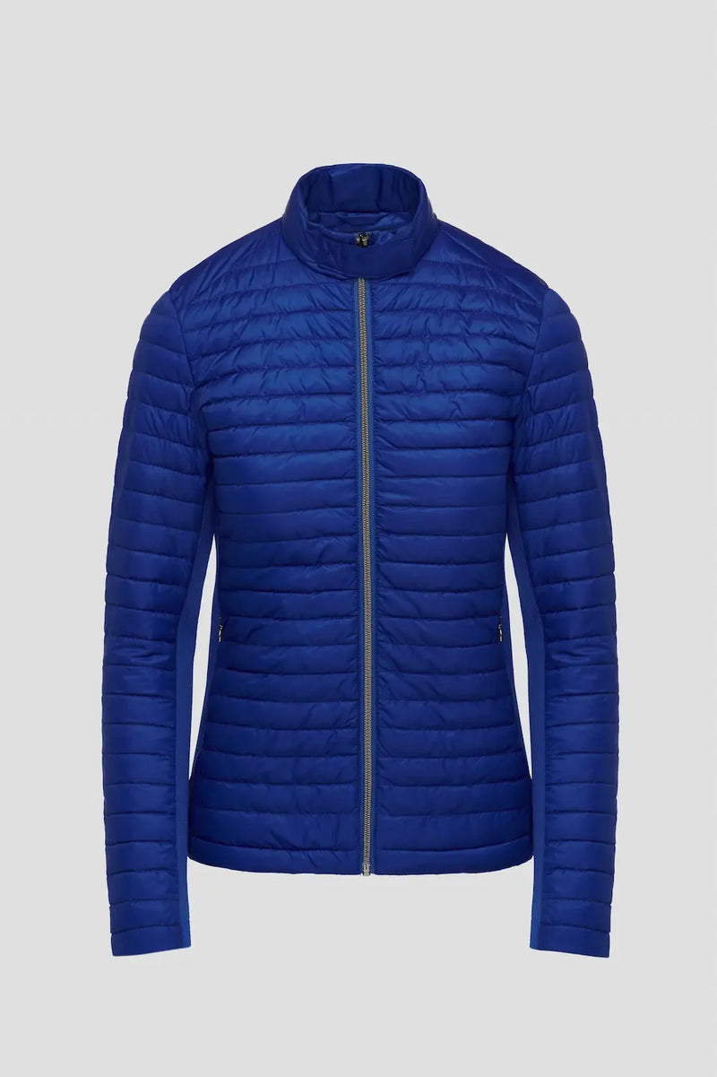 Blue puffer jacket on a light gray background