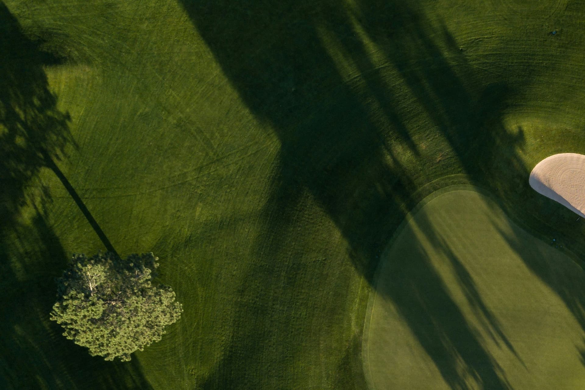 Aerial view of a golf course with trees and shadows.
