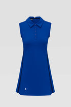 Blue sleeveless golf and tennis athletic dress with a collar