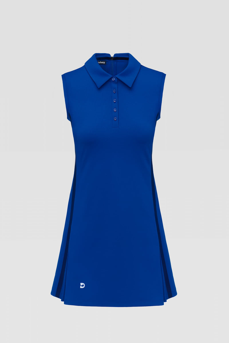 Blue sleeveless golf and tennis athletic dress with a collar