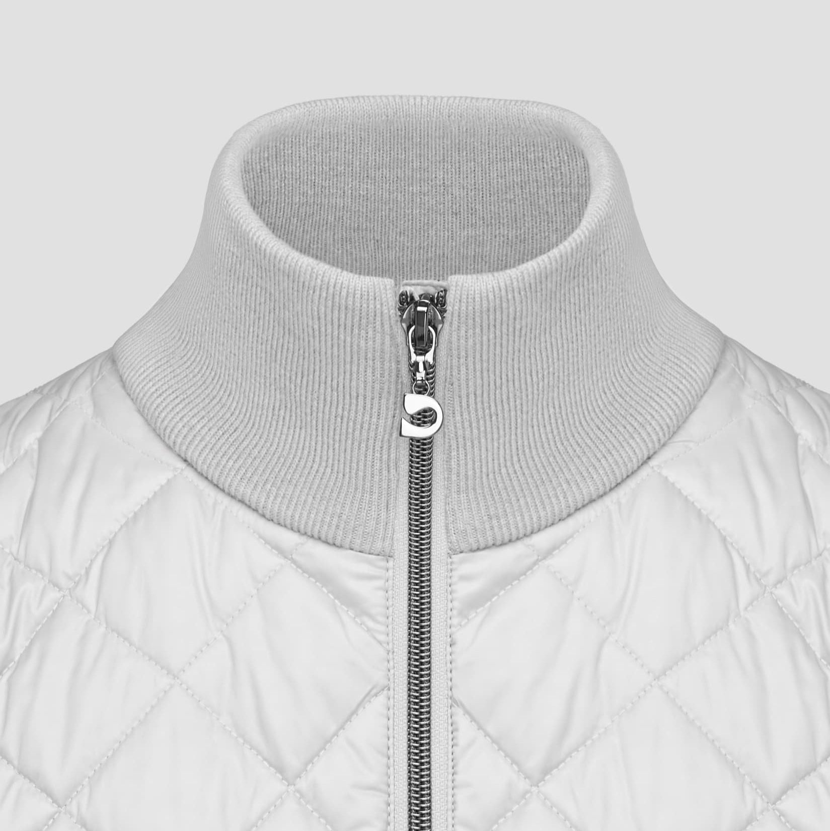 Grey lexi jacket with a silver zipper on a light grey background